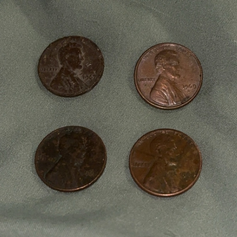 1960s pennies, 1964, 1967 with no mint mark, 1968 with no mint mark, 1969